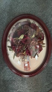 lot 148 image: Oval Bubble Framed Preserved Flower Bouquet Display Burgundy Roses
