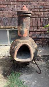 Large Heavy Terracotta (45 Inches Tall) in Wrought Iron Stand Chiminea Outdoor Fire Place with Chimney CapBottom Filled with Gravel to Promote Longevity