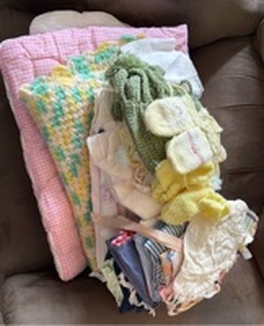 lot 184 image: Large Lot of Baby Blankets, Bloomers (with Dresses to Match) Booties and Bonnets.