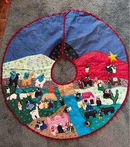 lot 189 image: Made in Peru Scenes of Bethlehem 36 Inch Diameter Tree Skirt with Embroidered Figures and Appliqued Details