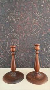 lot 192 image: Made 1932 Walnut Wooden Candlesticks with Round Bases
