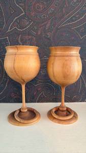 (2) Handmade Wooden Goblet-Style Cups with Rings Around Pedestal Base