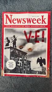 lot 232 image: Newsweek Magazine May 14 1945 V-E Day Issue and VFW Pins and War Memorial Dedication and Souvenir Pin