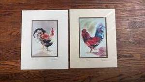 lot 252 image: J. Florem Rooster Watercolor Prints Matted Set14 x 11