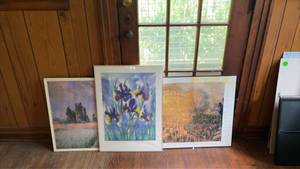 lot 256 image: 3 Framed Art Posters Monet Iris Paris Wheat Field