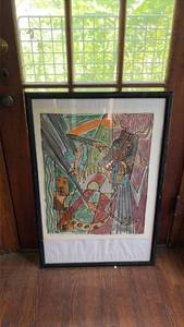 lot 262 image: Framed Abstract Colored Drawing Signed Miuos and Minotaur