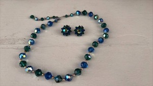 lot 270 image: Beaded Necklace and Earring Set Blue Green Faceted Crystals