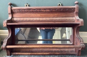 lot 277 image: Wooden Shelf with Mirror, Towel Rail and Decorative Carved Details Approximately 16 Inches Tall by 23 Wide