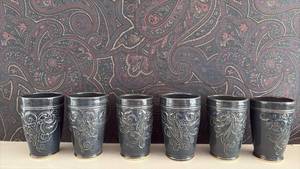 lot 279 image: 6 Deep Blue Glaze Pottery Cups with Embossed Ornamental Design