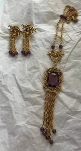 lot 307 image: Vintage Goldette Jewelry 1960s Victorian Revival Faux Amethyst Pendant Necklace & Earrings