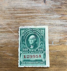 lot 327 image: 1917 $100 United States Internal Revenue Documentary Stamp featuring a portrait of George Washington.