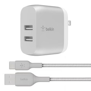 lot 8110 image: Belkin 24W Dual Port USB Wall Charger - USB C Cable Included - iPhone Charger Fast Charging - Silver