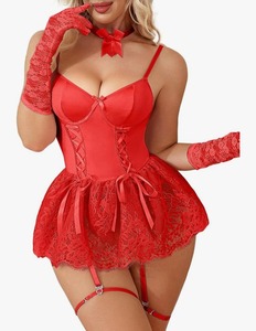 lot 8203 image: Rigeri Sexy Lingerie for Women Lace Up Corset Bodysuit Underwire Babydoll Set with Garter Belt and Bow Tie Size Large