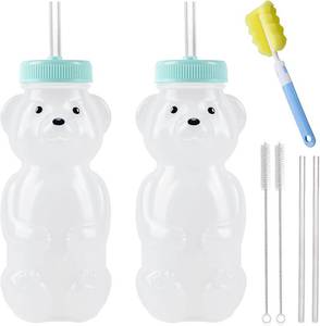 lot 8206 image: Honey Bear Straw Cups, Juice Bear Bottle Drinking Cup Long Straws with 4 Flexible Straws & Cleaning Tools, 8-Ounce Therapy Sippy Bottles for Speech and Feeding Training, Food-Grade & BPA Free 2 Pack