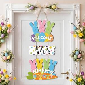 lot 8210 image: Yookeer Easter Bunny Door Sign Double Sided Bunny Hanging Wall Decor Easter Rabbit Hanging Decorations Spring Theme Sign for Plaque Hanger Porch Wall Entryway Decor