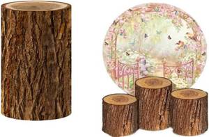 lot 8231 image: Cylinder Plinth Cover for Jungle Forest Old Brown Wood Stump Pedestal Covers Baby Shower Birthday Party Dessert Table Decor Banner