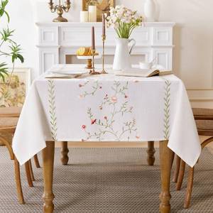 lot 8279 image: Linen Style Embroidered Tablecloth, Waterproof and Wrinkle-Resistant Table Cloth Rectangle Tables, Farmhouse Floral Rectangle Table Cover for Dining Room and Outdoor Parties(Green, 55x120)