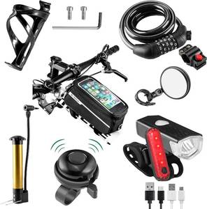 lot 8285 image: 8 Pack Bicycle Accessories, Bike Light Set USB Rechargeable, 1 Bike Water Bottle Holder, Bicycle Bag and 1 Bike Aluminum Bicycle Bell,Pump