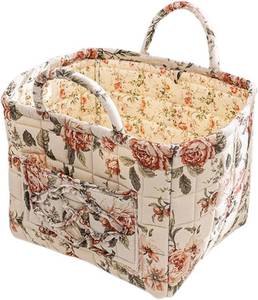 lot 8316 image: Quilted Fabric Storage Basket with Handles   Boho Foldable Floral Organizer Bin for Home, Picnic, Shopping, Travel 13x11x10 (Rustic Rose)