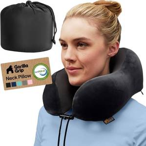 lot 10352 image: GORILLA GRIP Travel Neck Pillow for Airplanes, CertiPUR-US  Memory Foam Cooling Mesh Pillows, Soft Velvet Washable Cover, Support Headrest for Sleeping, Traveling Essentials Flight Accessories, Black