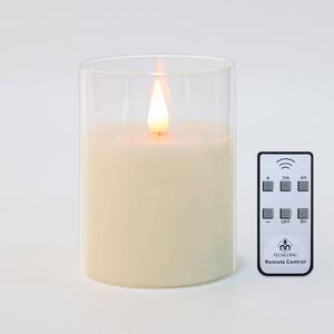 lot 10376 image: TECHLONG Glass Flameless Candles with Remote Timer, 3D Moving Flame Flickering, Last 600 Hours Battery Candles, Real Wax LED Votive Candle for Festival Wedding Home Party Decor, 3 x 4