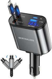 lot 8374 image: BERTHALESS Retractable Car Charger, 4 in 1 Fast Charging Car Charger with USB-C & USB-A, Compatible with iPhone 17161514131211,Galaxy,Pixel,Car Accessories Gifts for Fathers Day,Husband,Men,Dad