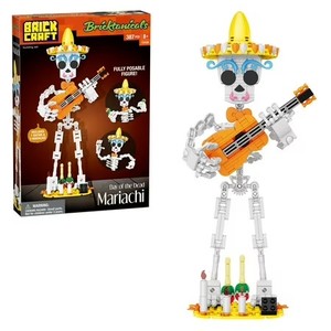 lot 10392 image: Brickcraft Harvest Skelton Building Kit (387-Piece Set), Bricktanicals Posable Skeleton with Guitar and Maracas, Festive Display Ages 8