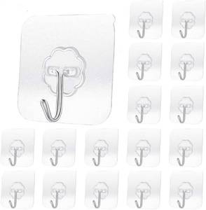 lot 10393 image: 200 Pack Transparent Adhesive Waterproof and Oilproof Reusable Seamless Hooks, Heavy Duty Wall Hook for Kitchen Bathroom Office