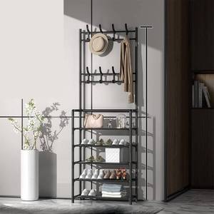 lot 10416 image: Entryway Shoe Storage, Coat Hanger Stand Coat Rack Freestanding with Bottom Shelves Metal Standing Coat Rack, Clothes Hanging Rack, Garment Hanging Storage Shelf Hanger for Color is white
