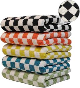 lot 10458 image: 5 Pack 13 x 29 Inch Decorative Face Towels and Hand Towels, 100% Cotton, Ultra-Soft, Highly Absorbent, with Stylish Checkered Pattern Perfect for Bathroom, Kitchen, Pool, Yoga, Travel, and Gym.