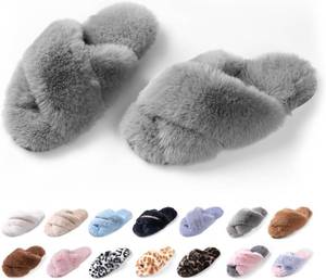 lot 10461 image: Womens Fuzzy Slippers Cross Band House Shoes Memory Foam Open Toe Slippers Size 11-12 Color IS White