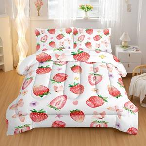 lot 10533 image: Pink Strawberry Comforter Set Cute Comforter Set for Girls Kids 3 Pieces Bedding Set Twin Size,Cartoon Strawberry Bed Set Lightweight Soft Microfiber Warm Down Alternative All Season With 2 Pillowcase