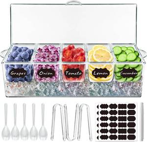 lot 10535 image: Chilled Condiment Server Tray, Bar Fruit Caddy with Lid and 5 Removable Compartments, Clear Ice Condiment Serving Tray for Party, Toppings Bar Container, Garnish