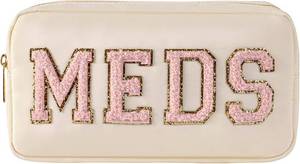 lot 10552 image: uekeboag Personalized Chenille Letter Patch MEDS Bag,Cute Nylon Drug Medicine Travel Makeup Bag with Zipper, Preppy Vitamin Organizer Bag for Women and Girls (02Beige-Pink)