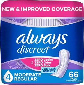lot 10554 image: Always Discreet Adult Incontinence Pads for Women, Drier, 4 Drop Regular Length, Moderate Absorbency, Pads for Bladder Control Management, Bladder Leaks, & Postpartum Pads, 66ct