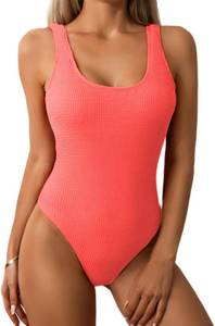 lot 10557 image: Limeeke Women One Piece Swimsuit Solid Ribbed Monokini Swimwear Scoop Neck Low Back Bathing Suit Size 9