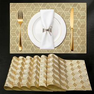 lot 10590 image: Quantum Love Geometric Gold PVC Placemats Set of 6 Heat Resistant Non-Slip Washable Dinning Kitchen Table Mats, Wipeable Square Cube Place Mats for Party Events Restaurant Wedding Home