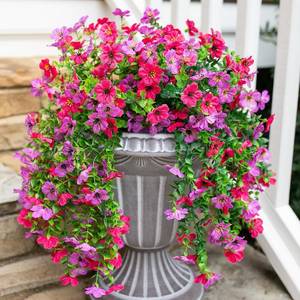 lot 10647 image: HyeFlora 2Pcs Fake Flowers Artificial Floral for Outdoors Decorations, Outside Flower Decor, UV Resistant Silk Flower for Front Porch Patio Garden(Purple and Hotpink)
