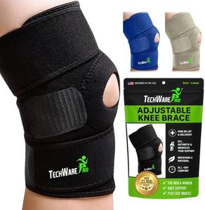 lot 10676 image: TechWare Pro Knee Brace Support - Knee Braces for Knee Pain. Relieves ACL, LCL, MCL, Meniscus Tear, Arthritis, Tendonitis Pain. Dual Stabilizers Non Slip Neoprene. Adjustable Bi-Directional Straps -5 Sizes