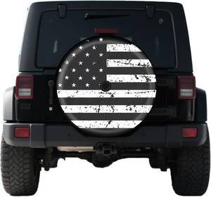 lot 10688 image: Black White Vintage American Flag Spare Tire Cover with Camera Hole, for PVC Wrangler Tire Cover with Backup Camera Hole, SUV RV Trailer Many Vehicle Wheel Cover