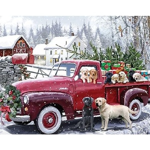 lot 10689 image: Bits and Pieces - 200 Piece Jigsaw Puzzle for Adults - Christmas Delivery - Large Lettered Pieces Christmas Dogs Jigsaw Puzzle by the Macneil Studio