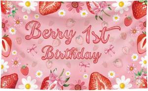 lot 2000 image: 3X5FT Berry 1st Birthday Banner Flag Strawberry Daisy Birthday  Party Decorations,Strawberry Theme Party Supplies, Wall