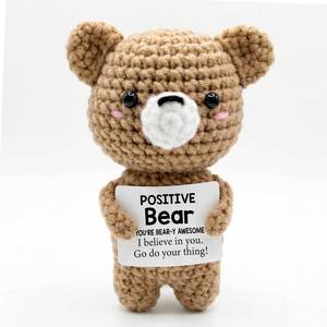 lot 2029 image: Positive Crochet Animals Mini Crocheted Bear Emotional Support Plush Crochet Animal Alreadymade Gifts for Women Men Get Well Positive Coworker Emotional Bear Decor