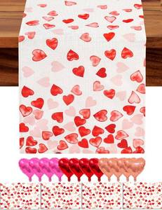 lot 14166 image: multiwins Valentines Day Table Runner And Placemat Set 13x72 Red Hearts Table Runner With 4 Matching 12x18 Placemats - Includes LOVE Balloon, 12 Heart Balloons, Stickers & Straws For Home Decor