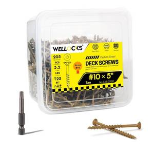 WELLOCKS #10 x 5 in Tan Deck Screws, 205 PCS, 5.2 lbs | 1000h Salt Spray Epoxy Coating with T25 Bit for Outdoor Posts, Decks, Fences, and Heavy Wood Projects.