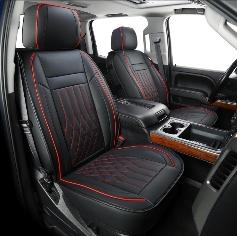 lot 483 image: Quality Faux Leather Seat Covers - Front & Back Full set , Black & Red Design slightly altered see images read description