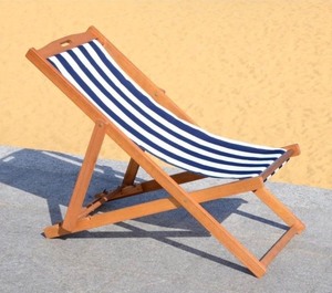 lot 2 image: Folding Sling Chair - Natural & Navy Stripe - Solid Wood Frame - Portable Bistro Design - Ideal for Patio, Poolside, Backyard, 24 W x 43 D x 25 H
