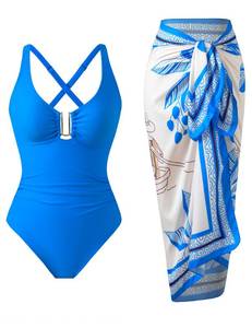 lot 28251 image: One Piece Swimsuit Women with Cover Up Set Retro Bathing Suit for Women Tummy Control Beach Wrap Skirt Blue - Retail $46