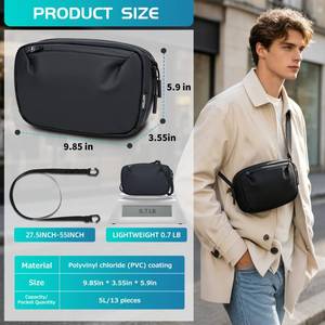 lot 28253 image: 5L Sling Bag Crossbody Belt Bag, Lightweight Adjustable Strap for Daily Commute for Men Women,Waterproof Black - Retail $40