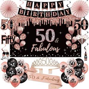 lot 28254 image: 50th Birthday Decorations for Women, 33pcs 50th Birthday Crown and Sash, Black Rose Gold Happy 50th Birthday Banner Balloons Backdrop Hanging Swirls Paper Fans, 50 Years Old Birthday Decorations Kit - Retail $23